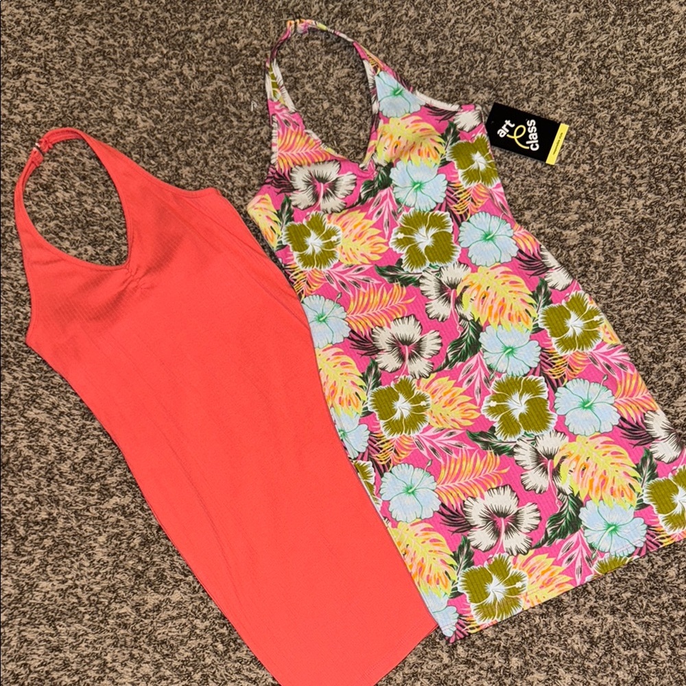 COPY - LOT OF TWO GIRLS SIZE M/8 ART CLASS STRETCH COTTON HALTER DRESSES.